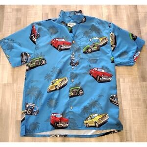 UZZI‎ Amphibious Gear Vintage Hawaiian Button Up Mens L Blue 90s Retro Cars